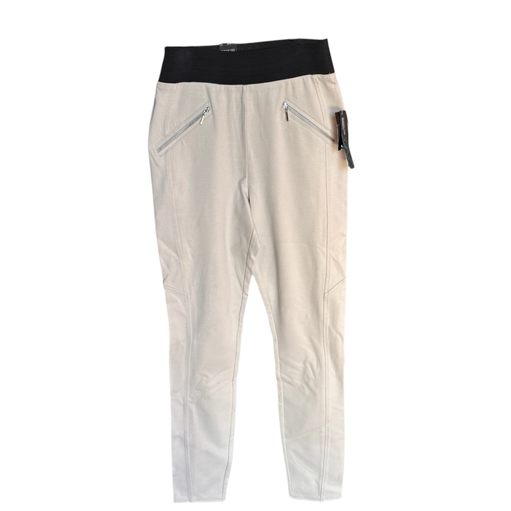 NWT INC Macys Beige Pull-On Leggings Black Waistband stretch office casual - Picture 1 of 6